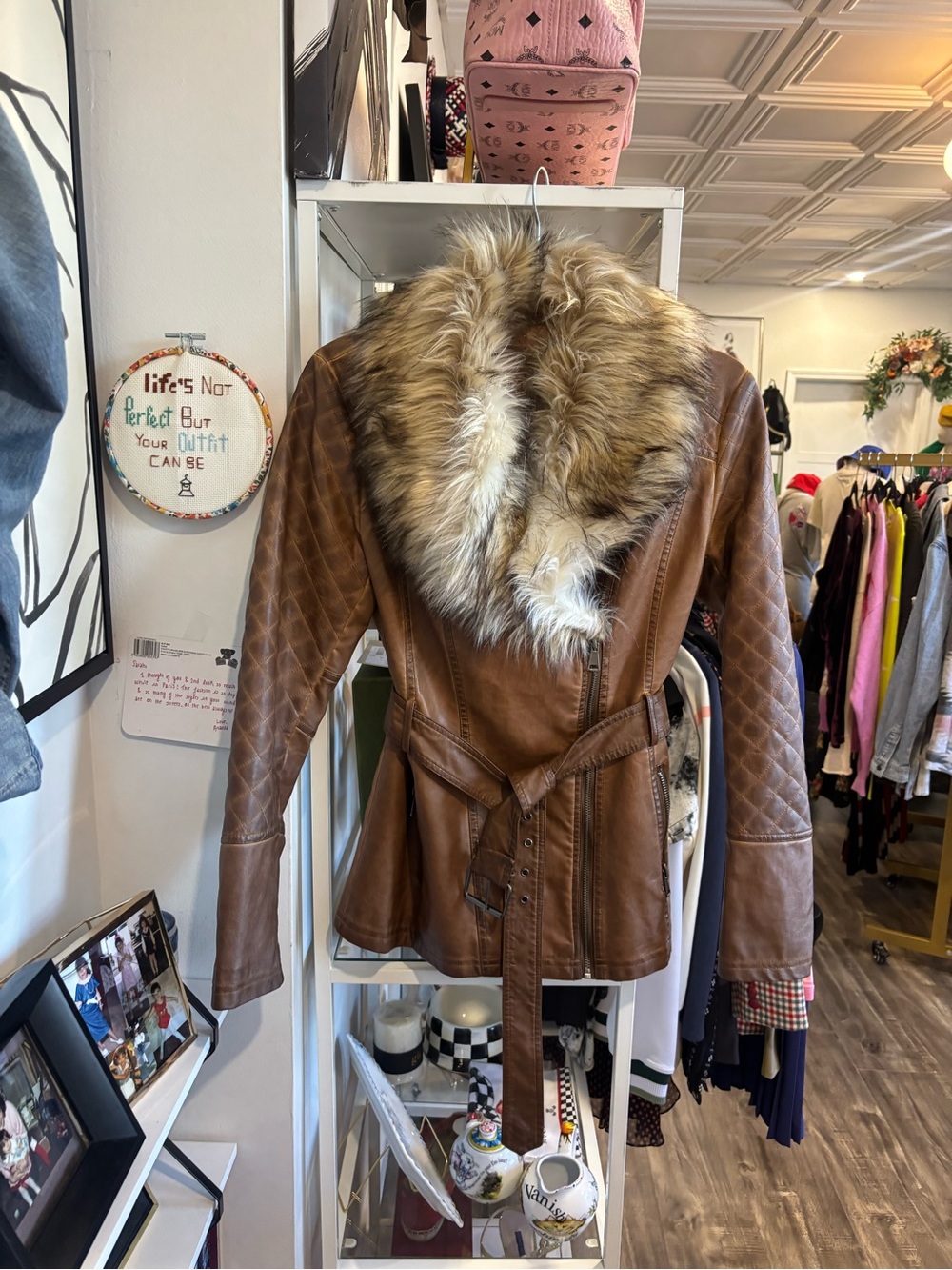Scully Brown Leather Jacket with Faux Fur Collar and Belt